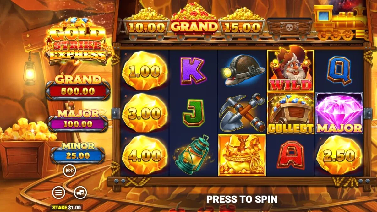 Tampilan visual slot Gold Strike Express dengan tema tambang emas